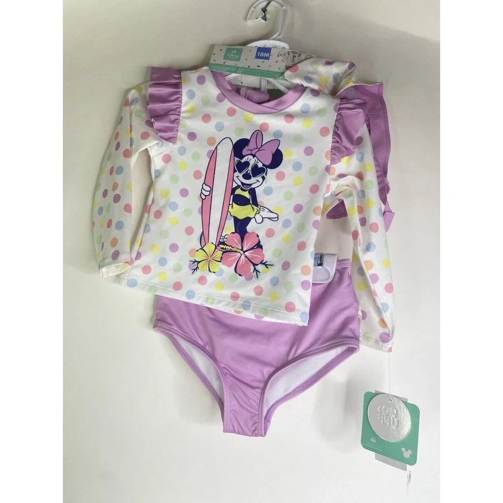 Disney Minnie Mouse 3 Piece Rash Guard Top Bottoms Swim Set Swimwear 18 Months